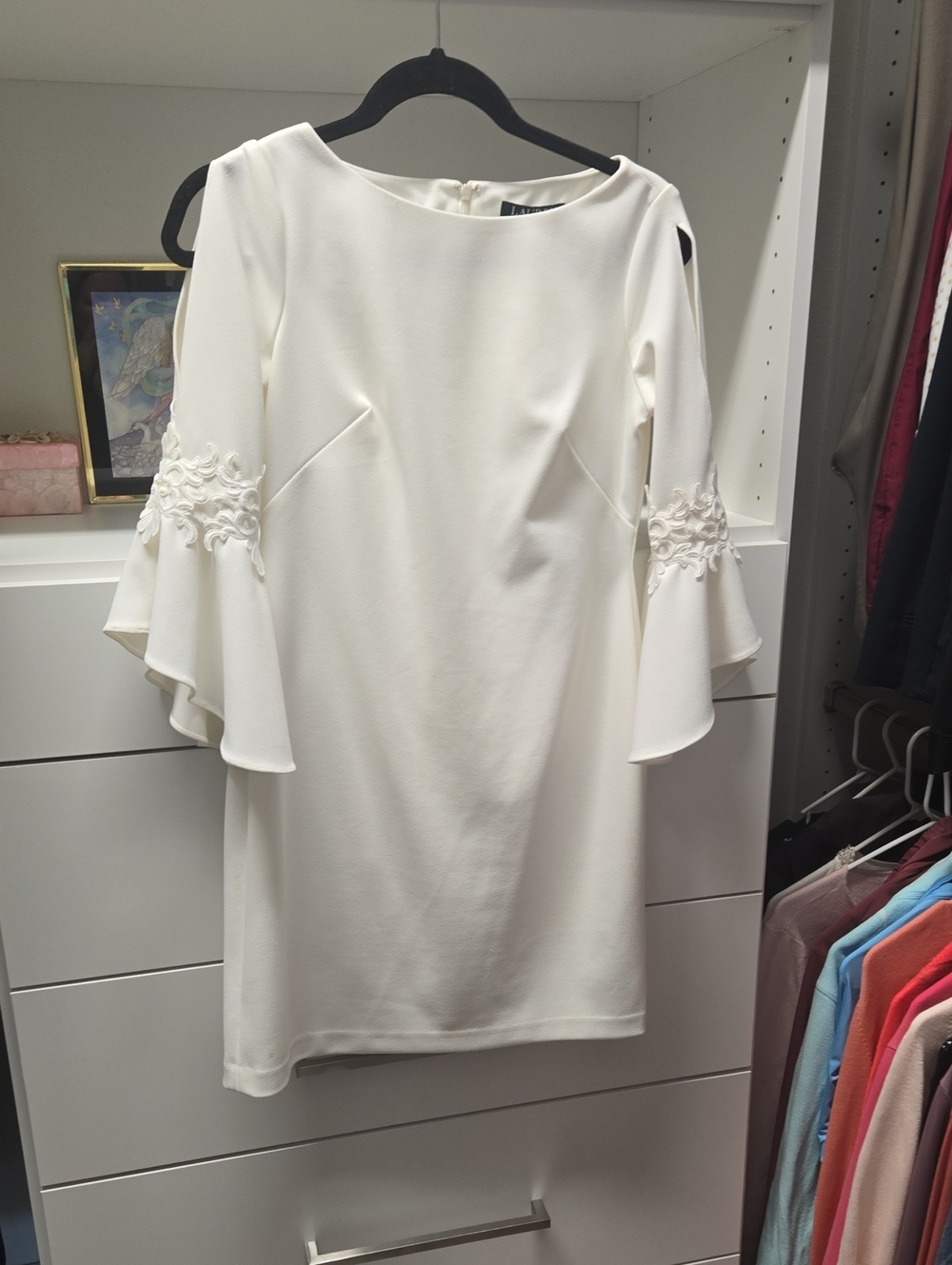 Ralph Lauren Off White Bell-Sleeve Lace Appliqué Dress